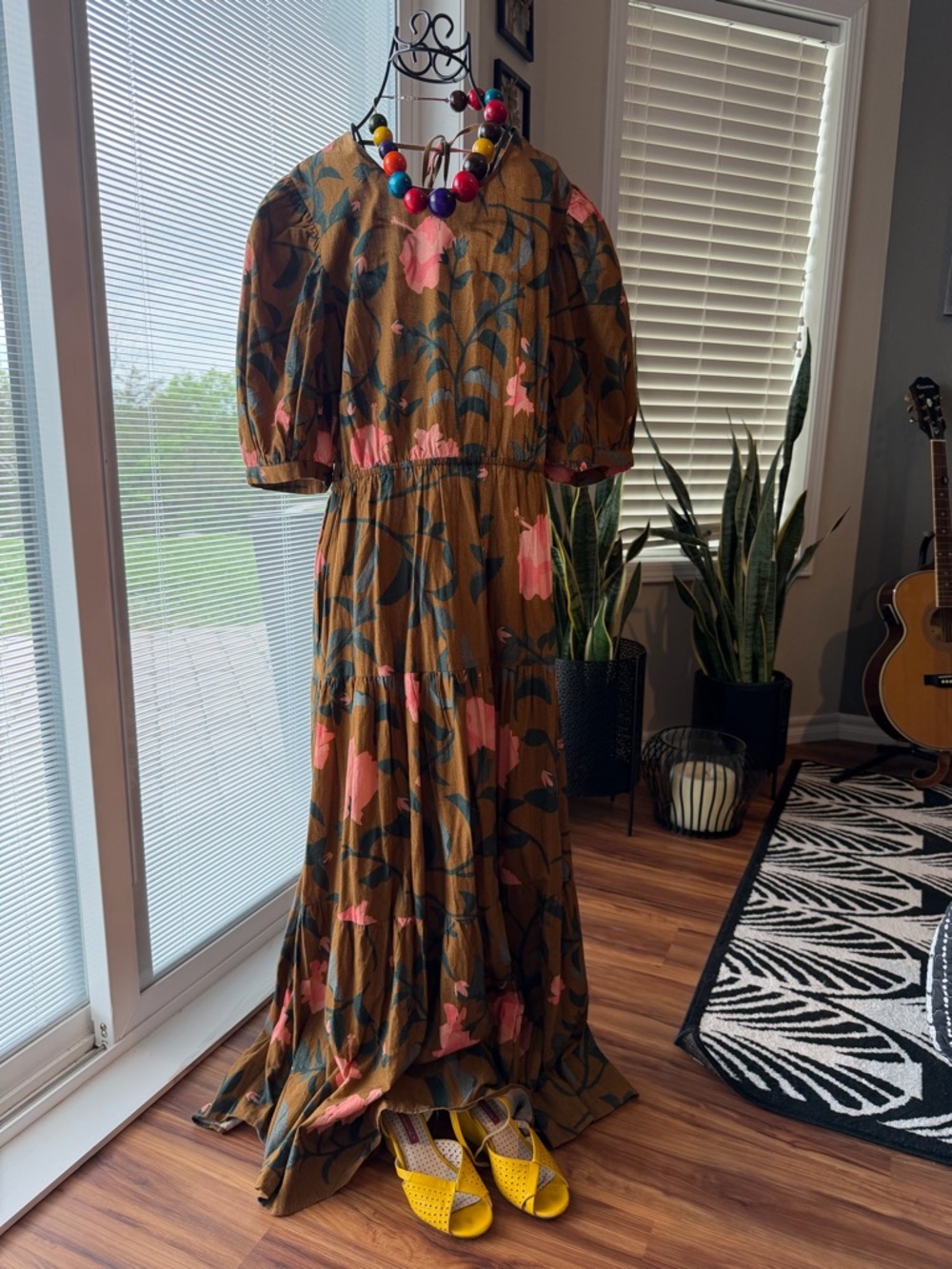Anthropologie By Conditions Apply Brown Maxi Dress with Pink Floral Print - Picture 2 of 7